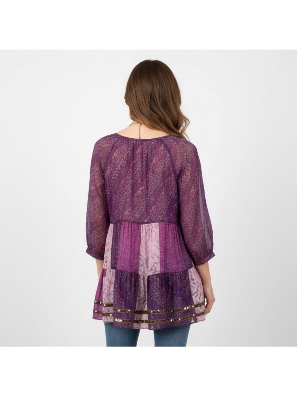 VTG Free People Purple Patchwork Chiffon Top | Boho Grunge Fairy Whimsigoth Y2K - Picture 7 of 16